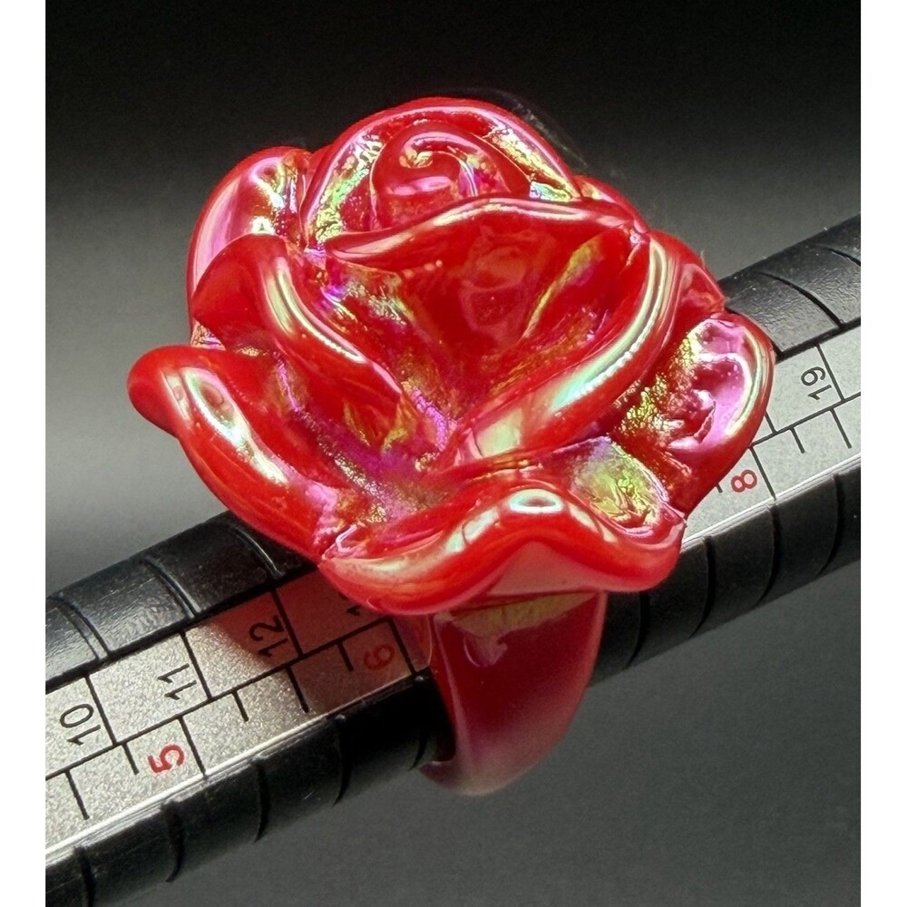 Y2K Red Resin Rose Ring Size 6.5 Iridescent Chunky Acrylic Plastic Flower Retro